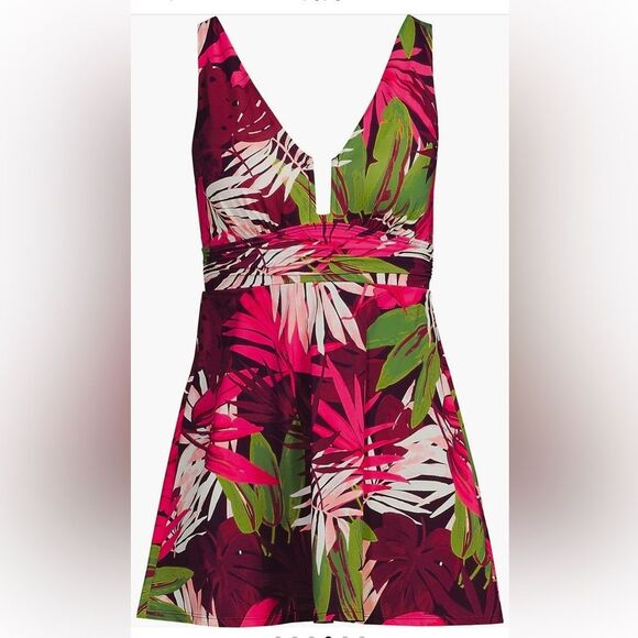 Land's End Plus Size Slender Swimsuit Dress Dark Wine Multi Tropical Palm 18 - Picture 3 of 7
